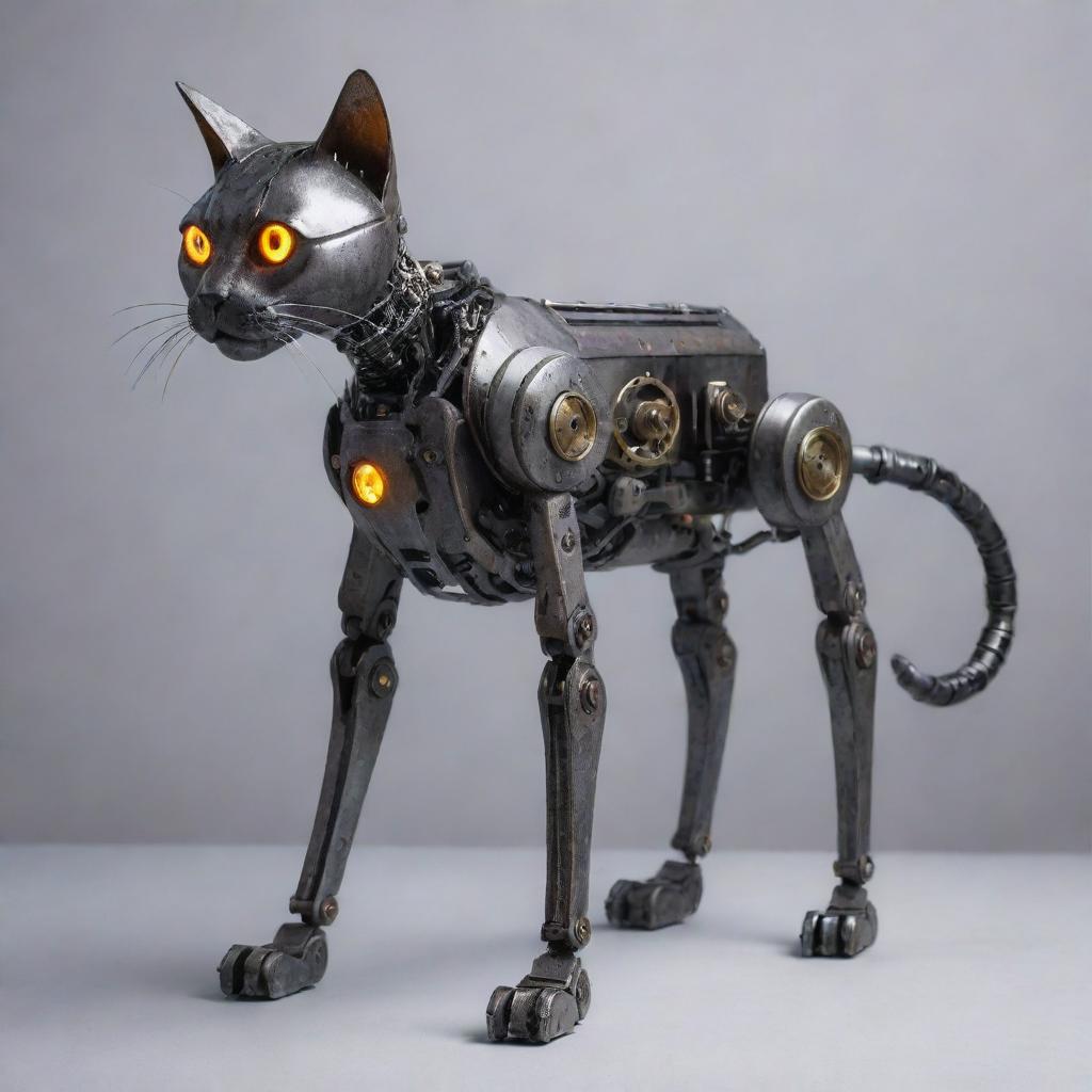 A sleek and sturdy robotic cat entirely made of iron, with glowing eyes and hydraulic joints, standing in a majestic stance.