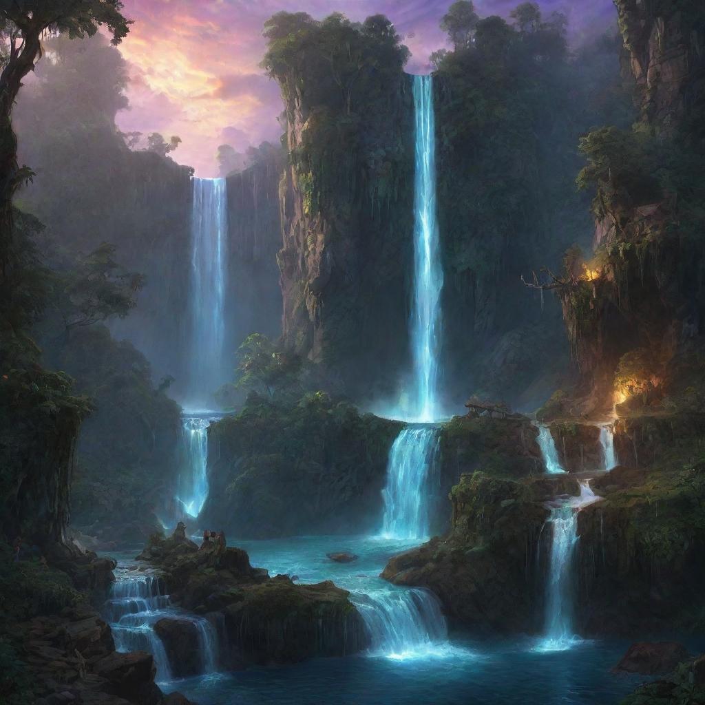 An epic illustration of an unexplored fantasy realm, displaying towering waterfalls, lush forests, mystical creatures, and glowing magical artifacts bathed in twilight.