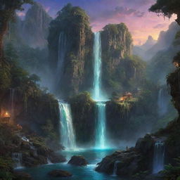 An epic illustration of an unexplored fantasy realm, displaying towering waterfalls, lush forests, mystical creatures, and glowing magical artifacts bathed in twilight.