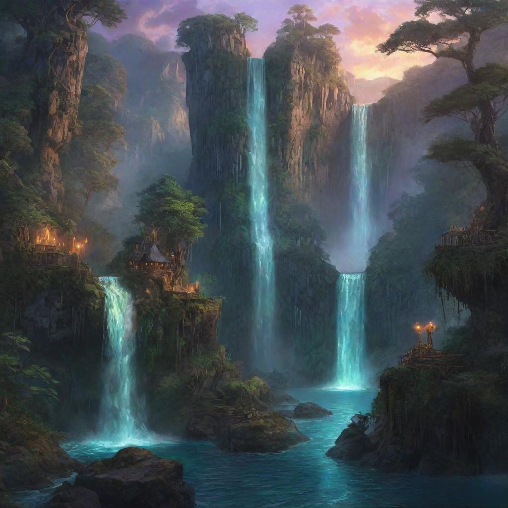 An epic illustration of an unexplored fantasy realm, displaying towering waterfalls, lush forests, mystical creatures, and glowing magical artifacts bathed in twilight.