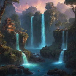 An epic illustration of an unexplored fantasy realm, displaying towering waterfalls, lush forests, mystical creatures, and glowing magical artifacts bathed in twilight.