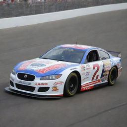 A Jaguar car recreated in a NASCAR style, featuring vibrant colors, racing modifications, and festooned with numerous sponsor decals.