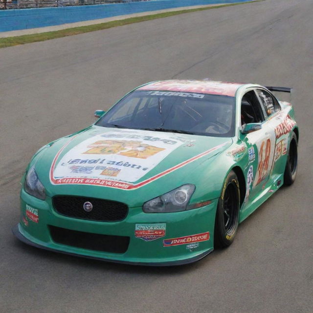 A Jaguar car recreated in a NASCAR style, featuring vibrant colors, racing modifications, and festooned with numerous sponsor decals.