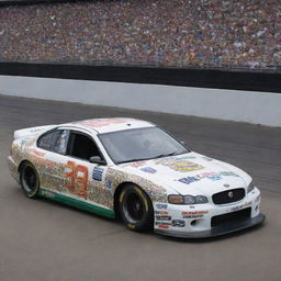 A Jaguar car recreated in a NASCAR style, featuring vibrant colors, racing modifications, and festooned with numerous sponsor decals.