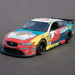 A Jaguar car recreated in a NASCAR style, featuring vibrant colors, racing modifications, and festooned with numerous sponsor decals.