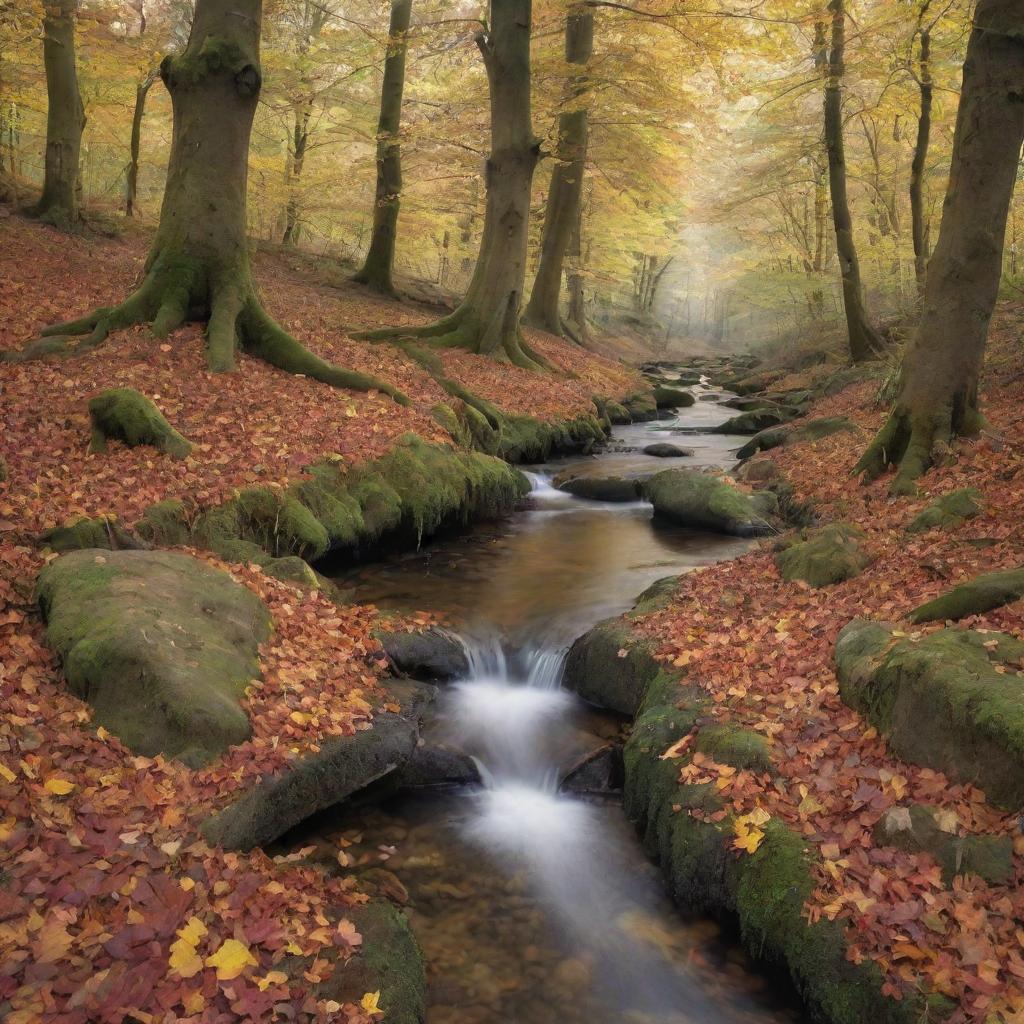 An enchanting forest scene with thick trees covered in multicoloured autumn leaves, a clear running brook and small woodland creatures scampering around.