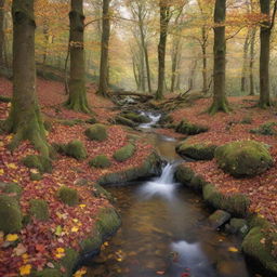 An enchanting forest scene with thick trees covered in multicoloured autumn leaves, a clear running brook and small woodland creatures scampering around.