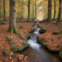 An enchanting forest scene with thick trees covered in multicoloured autumn leaves, a clear running brook and small woodland creatures scampering around.