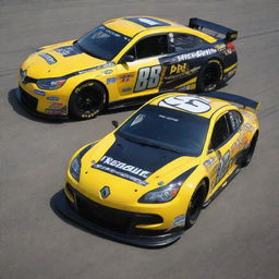 A Renault car transformed into a NASCAR version with striking colors, race-specific enhancements, and decorated with various sponsor logos.