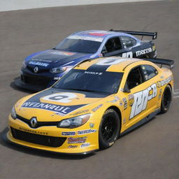 A Renault car transformed into a NASCAR version with striking colors, race-specific enhancements, and decorated with various sponsor logos.