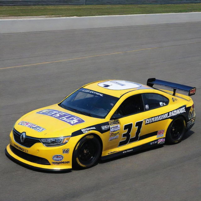 A Renault car transformed into a NASCAR version with striking colors, race-specific enhancements, and decorated with various sponsor logos.