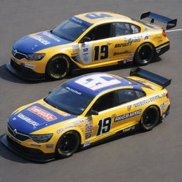 A Renault car transformed into a NASCAR version with striking colors, race-specific enhancements, and decorated with various sponsor logos.