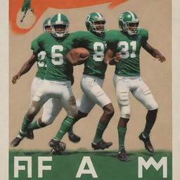 A striking sports poster intended for 'Fiam Football' featuring eye-catching imagery of players in motion, team's emblem, and large, bold text.