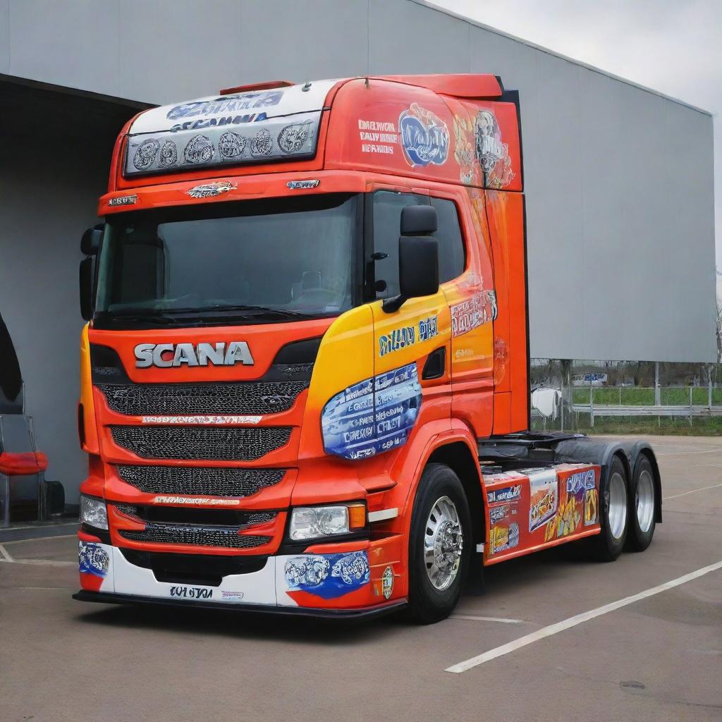 A Scania vehicle modified into a NASCAR racing style, exhibiting vibrant colors, racing upgrades, and adorned with multiple sponsor decals.