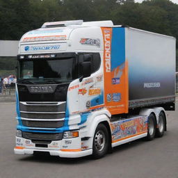 A Scania vehicle modified into a NASCAR racing style, exhibiting vibrant colors, racing upgrades, and adorned with multiple sponsor decals.