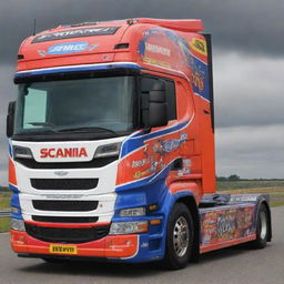 A Scania vehicle modified into a NASCAR racing style, exhibiting vibrant colors, racing upgrades, and adorned with multiple sponsor decals.