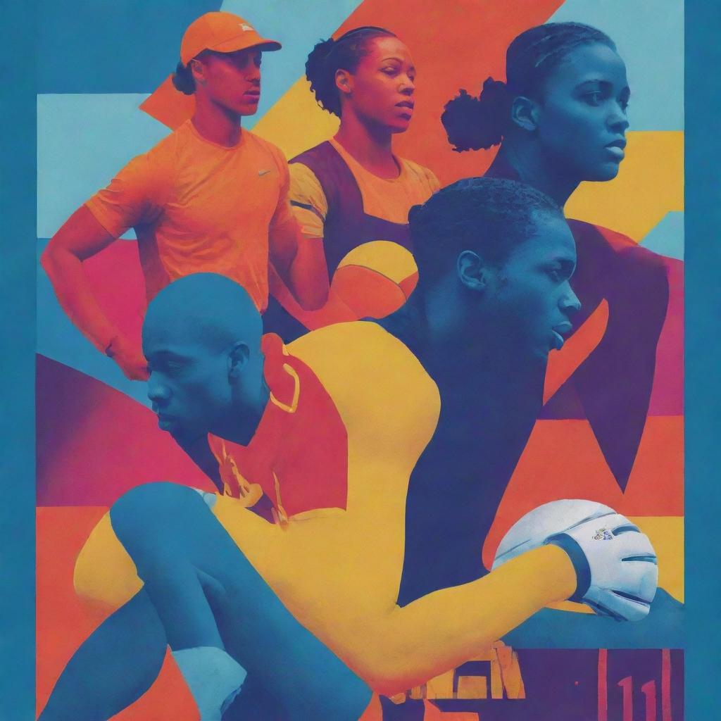 Vibrant sports poster for 'Fiam Scores' showcasing dynamic athlete figures, a graphical representation of sports scores, and bold typography.