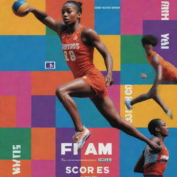 Vibrant sports poster for 'Fiam Scores' showcasing dynamic athlete figures, a graphical representation of sports scores, and bold typography.