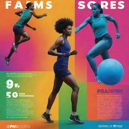 Vibrant sports poster for 'Fiam Scores' showcasing dynamic athlete figures, a graphical representation of sports scores, and bold typography.