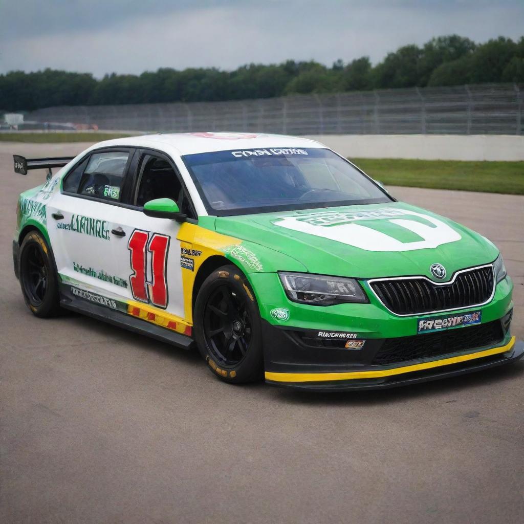 A Skoda car reimagined into a NASCAR inspired version, featuring bold colors, racing modifications, and embellished with an assortment of sponsor logos.