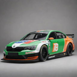 A Skoda car reimagined into a NASCAR inspired version, featuring bold colors, racing modifications, and embellished with an assortment of sponsor logos.