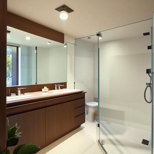 A stylish 9x9 feet bathroom equipped with a modern toilet, a sleek shower, a luxurious whirlpool, and a chic basin.