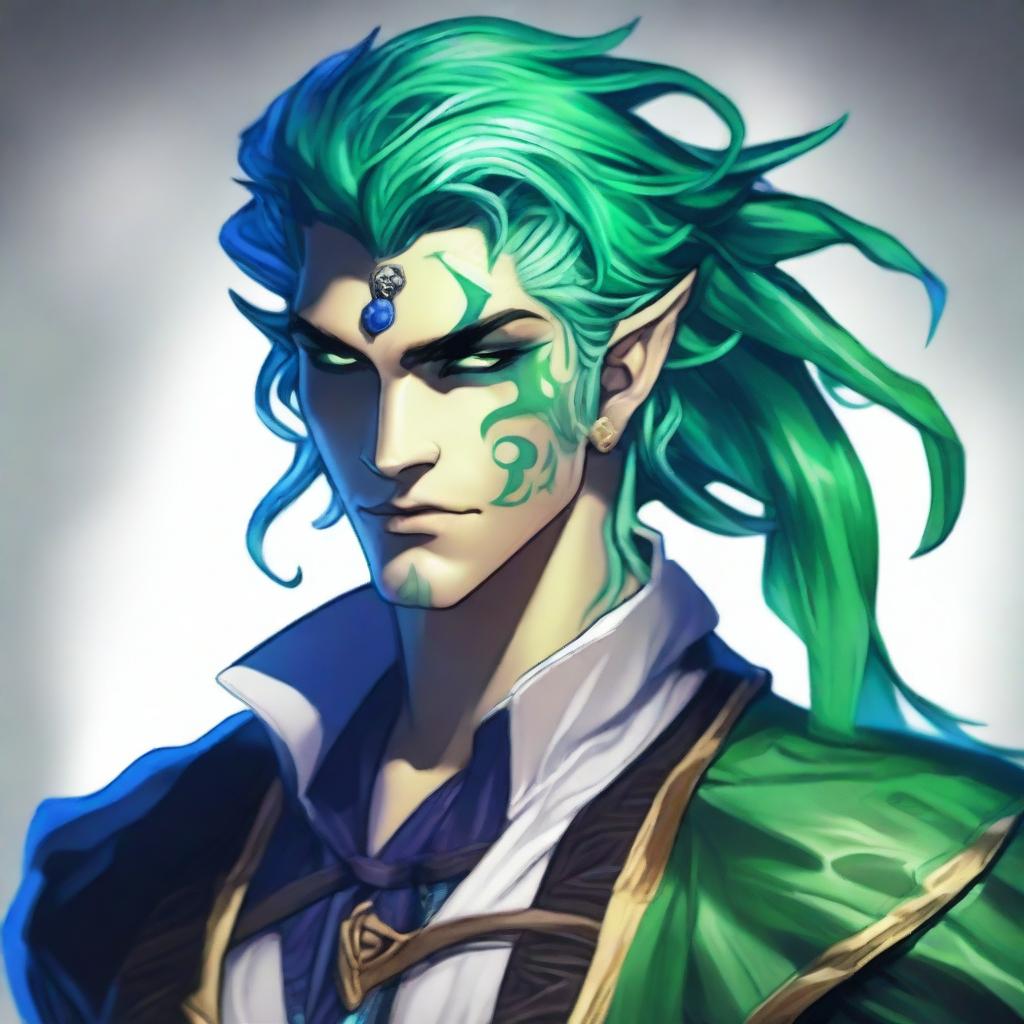 A water male genasi warlock named Brook, who is the pirate king