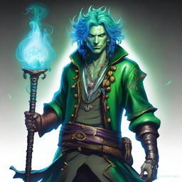 A water male genasi warlock named Brook, who is the pirate king