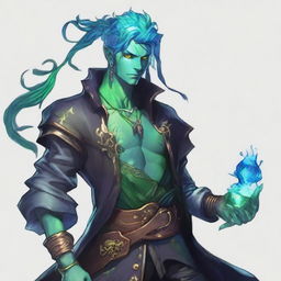 A water male genasi warlock named Brook, who is the pirate king