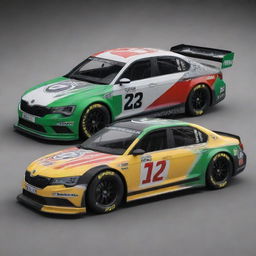 A Skoda car reimagined into a NASCAR inspired version, featuring bold colors, racing modifications, and embellished with an assortment of sponsor logos.