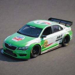 A Skoda car reimagined into a NASCAR inspired version, featuring bold colors, racing modifications, and embellished with an assortment of sponsor logos.