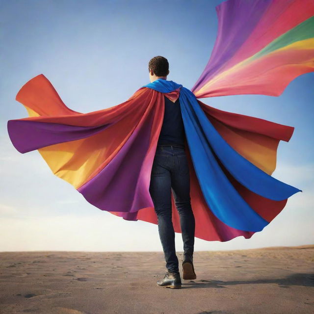 A vibrant, billowing superhero cape composed entirely of tangible eBooks, rich in detail and color, flowing in the wind.