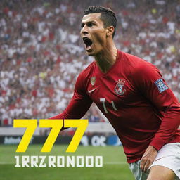 An adrenaline-filled poster featuring Cristiano Ronaldo, capturing him in mid-action during a match, with vivid colors, the player's name in bold typography, and flexing his iconic number 7 jersey.