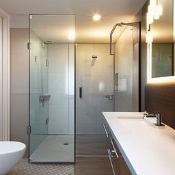 A stylish 9x9 feet bathroom equipped with a modern toilet, a sleek shower, a luxurious whirlpool, and a chic basin.