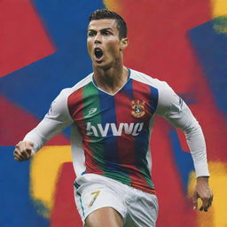 An adrenaline-filled poster featuring Cristiano Ronaldo, capturing him in mid-action during a match, with vivid colors, the player's name in bold typography, and flexing his iconic number 7 jersey.