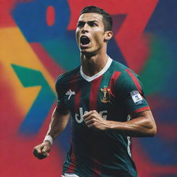 An adrenaline-filled poster featuring Cristiano Ronaldo, capturing him in mid-action during a match, with vivid colors, the player's name in bold typography, and flexing his iconic number 7 jersey.