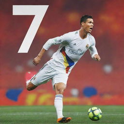 An adrenaline-filled poster featuring Cristiano Ronaldo, capturing him in mid-action during a match, with vivid colors, the player's name in bold typography, and flexing his iconic number 7 jersey.