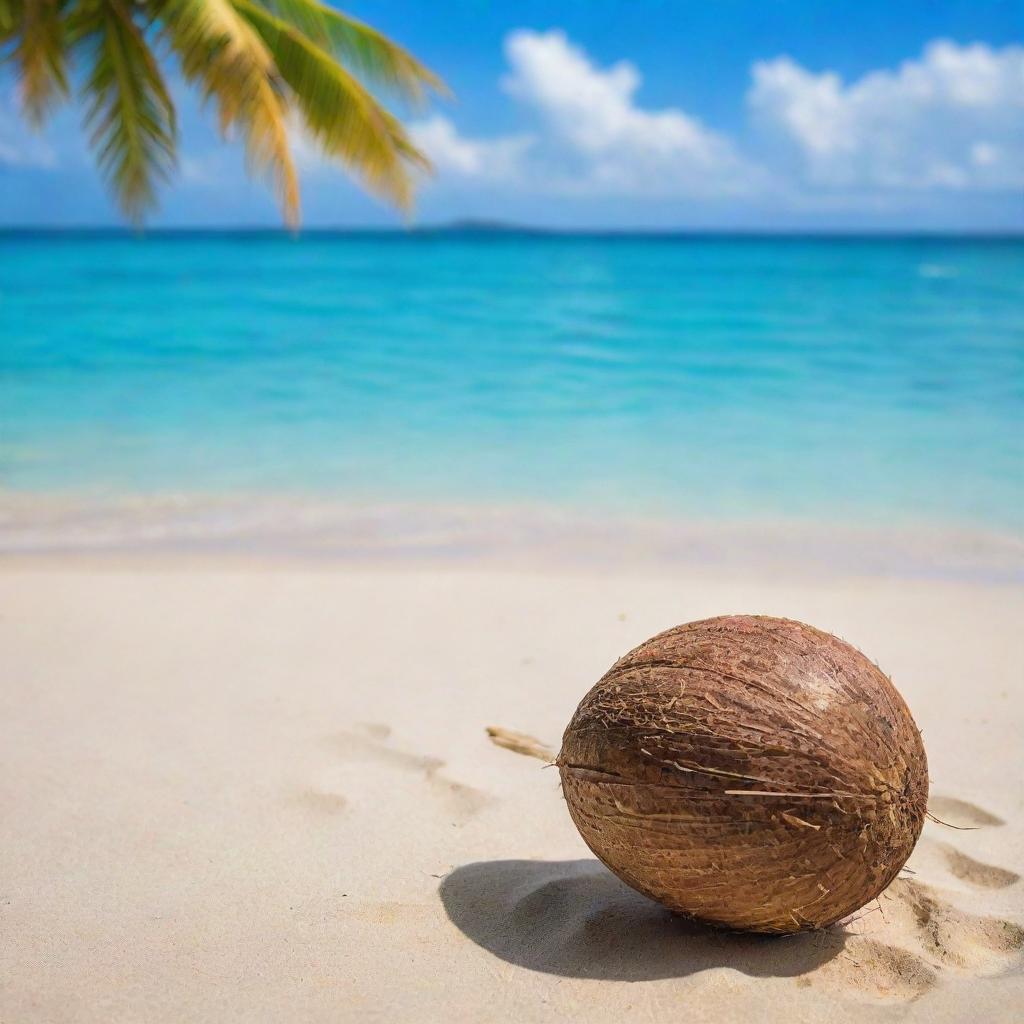 A pristine, tropical coconut resting on the sandy beach with a vibrant turquoise ocean as a backdrop.