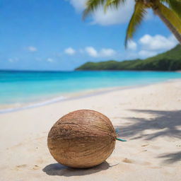 A pristine, tropical coconut resting on the sandy beach with a vibrant turquoise ocean as a backdrop.