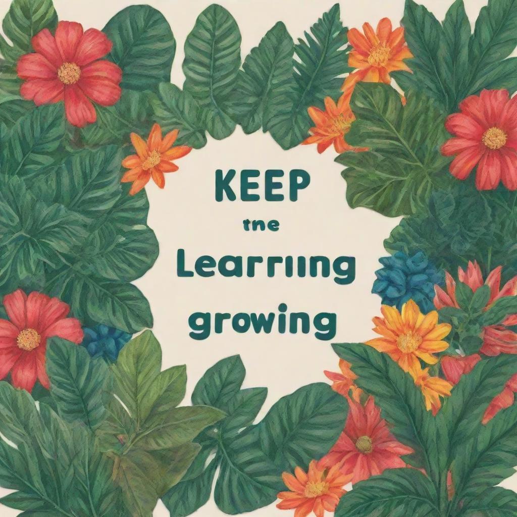 An inspirational poster with the phrase 'Keep Learning, Keep Growing' in bold typography, surrounded by flourishing vibrant plants, symbolizing growth and knowledge.