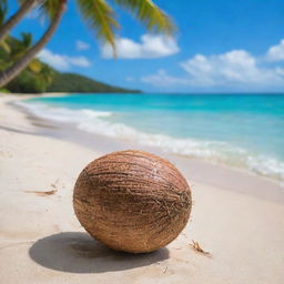 A pristine, tropical coconut resting on the sandy beach with a vibrant turquoise ocean as a backdrop.