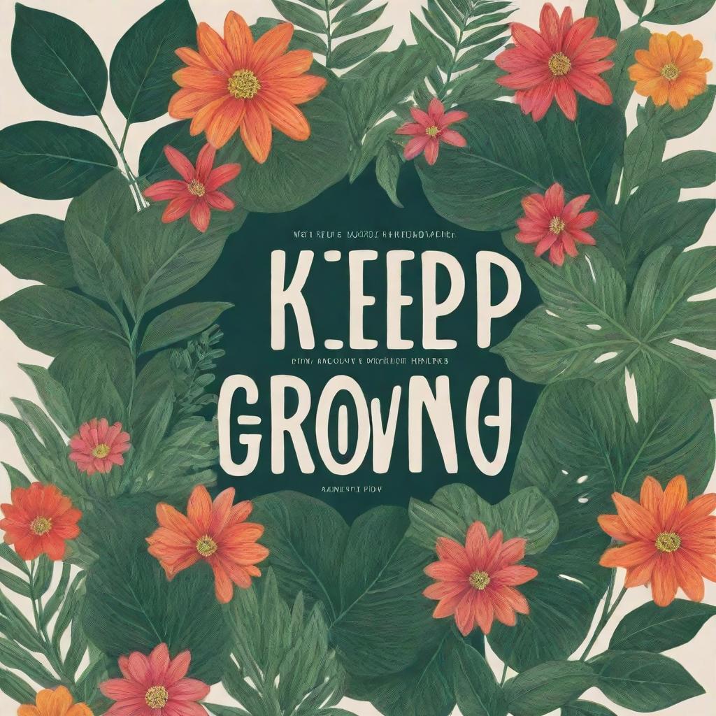 An inspirational poster with the phrase 'Keep Learning, Keep Growing' in bold typography, surrounded by flourishing vibrant plants, symbolizing growth and knowledge.