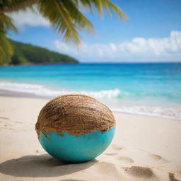 A pristine, tropical coconut resting on the sandy beach with a vibrant turquoise ocean as a backdrop.