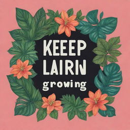 An inspirational poster with the phrase 'Keep Learning, Keep Growing' in bold typography, surrounded by flourishing vibrant plants, symbolizing growth and knowledge.