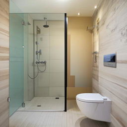 A stylish 9x9 feet bathroom equipped with a modern toilet, a sleek shower, a luxurious whirlpool, and a chic basin.