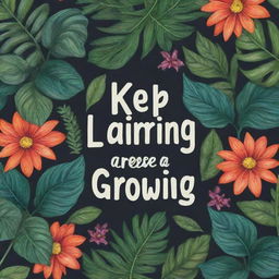 An inspirational poster with the phrase 'Keep Learning, Keep Growing' in bold typography, surrounded by flourishing vibrant plants, symbolizing growth and knowledge.