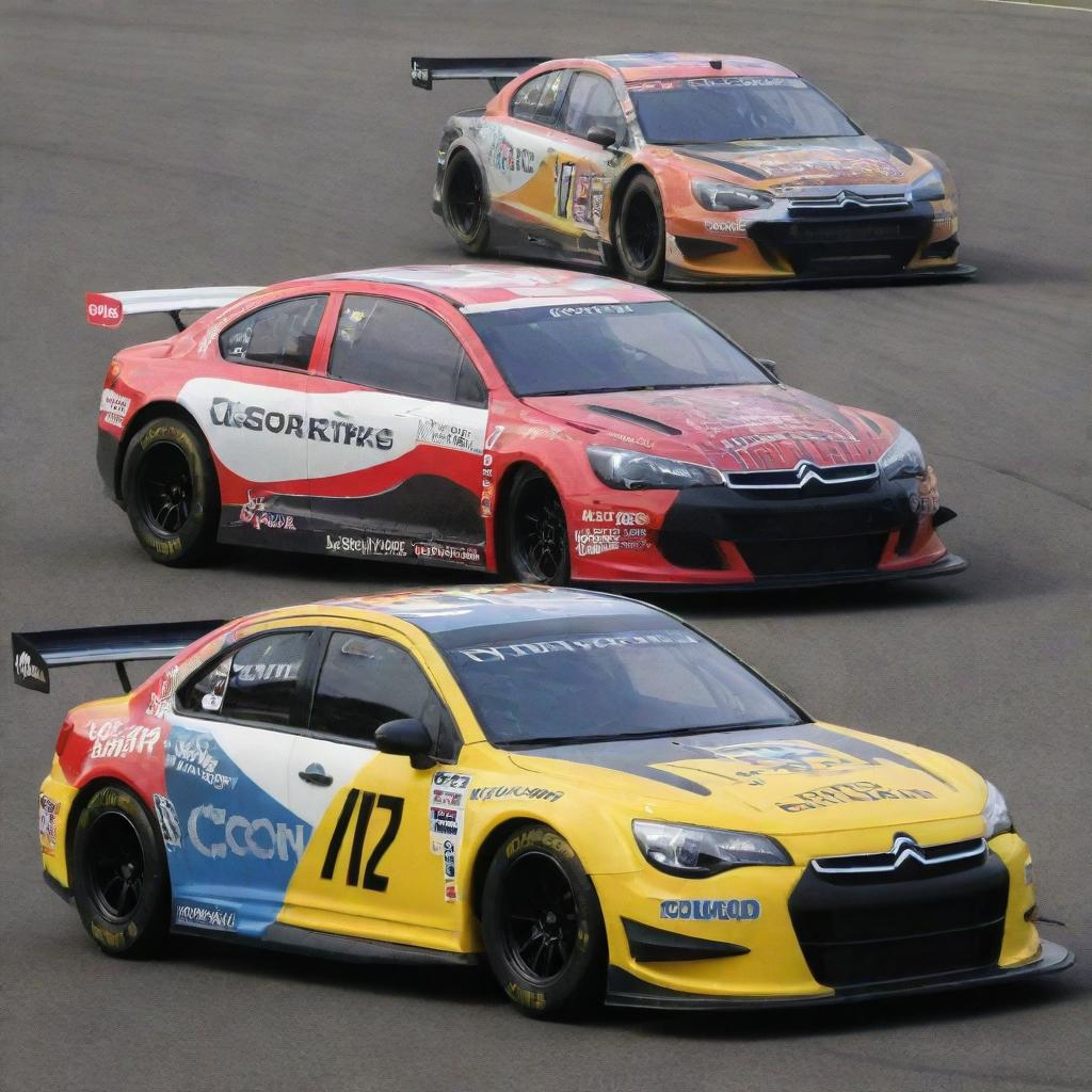 A Citroen car styled in a NASCAR mode, with striking colors, race ready augmentations, and dressed up with diverse sponsor logos.