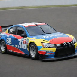 A Citroen car styled in a NASCAR mode, with striking colors, race ready augmentations, and dressed up with diverse sponsor logos.