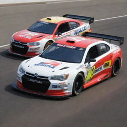 A Citroen car styled in a NASCAR mode, with striking colors, race ready augmentations, and dressed up with diverse sponsor logos.