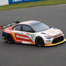 A Citroen car styled in a NASCAR mode, with striking colors, race ready augmentations, and dressed up with diverse sponsor logos.